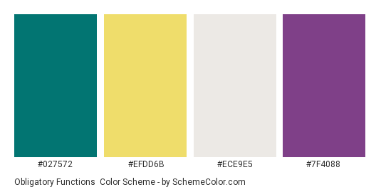 Obligatory Functions - Color scheme palette thumbnail - #027572 #efdd6b #ece9e5 #7f4088 