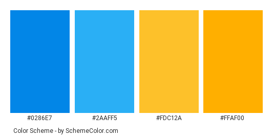 Lemon Yellow on Blue - Color scheme palette thumbnail - #0286e7 #2aaff5 #fdc12a #ffaf00 