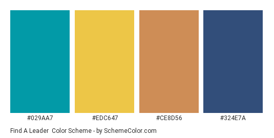 Find a Leader - Color scheme palette thumbnail - #029aa7 #edc647 #ce8d56 #324e7a 