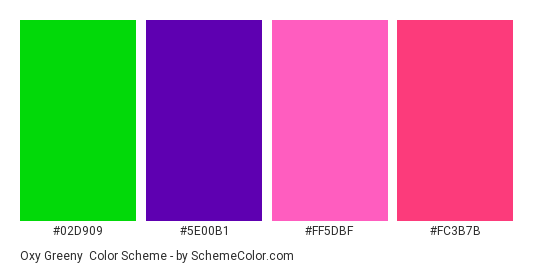 Oxy Greeny - Color scheme palette thumbnail - #02D909 #5E00B1 #FF5DBF #FC3B7B 