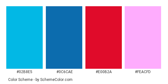 You Have My Heart - Color scheme palette thumbnail - #02b8e5 #0c6cae #e00b2a #feacfd 