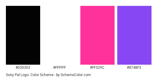 Sony Pal Logo - Color scheme palette thumbnail - #030303 #ffffff #ff329c #8748f3 