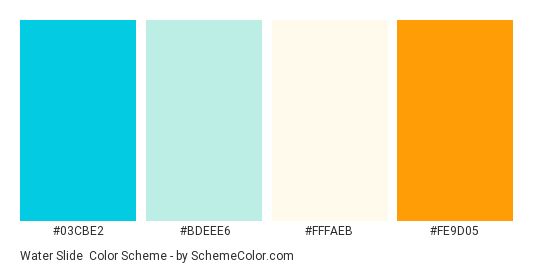 Water Slide - Color scheme palette thumbnail - #03cbe2 #bdeee6 #fffaeb #fe9d05 