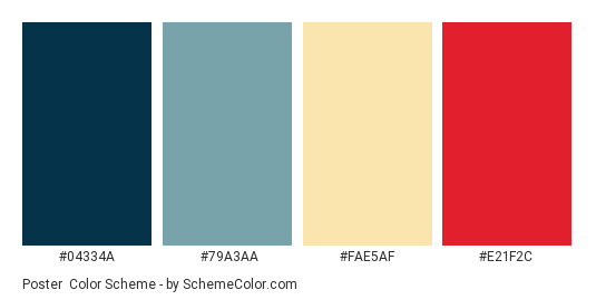 Poster - Color scheme palette thumbnail - #04334A #79A3AA #FAE5AF #E21F2C 