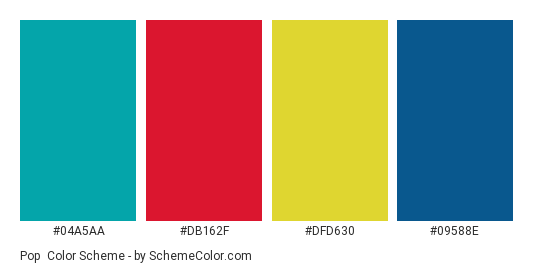 Pop - Color scheme palette thumbnail - #04A5AA #DB162F #DFD630 #09588E 