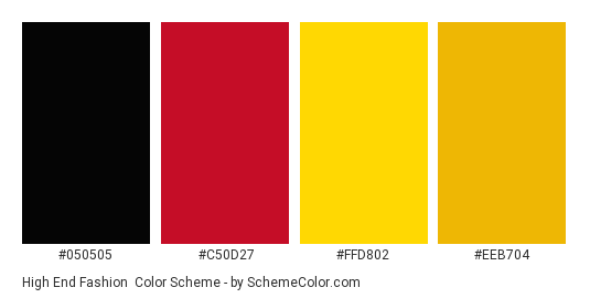High End Fashion - Color scheme palette thumbnail - #050505 #c50d27 #ffd802 #eeb704 