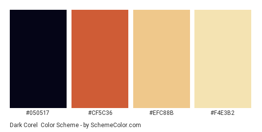 Dark Corel - Color scheme palette thumbnail - #050517 #cf5c36 #efc88b #f4e3b2 