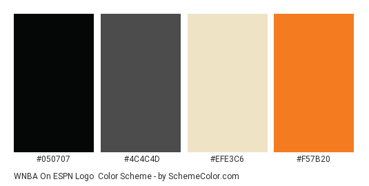 WNBA on ESPN Logo - Color scheme palette thumbnail - #050707 #4C4C4D #EFE3C6 #F57B20 