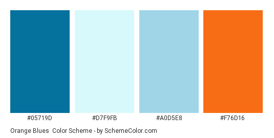 Orange Blues - Color scheme palette thumbnail - #05719d #d7f9fb #a0d5e8 #f76d16 