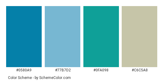 Seascape - Color scheme palette thumbnail - #0580a9 #77b7d2 #0fa098 #c6c5a8 