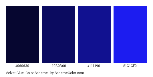 Velvet Blue - Color scheme palette thumbnail - #060630 #0B0B60 #111190 #1C1CF0 