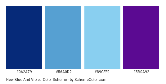 New Blue and Violet - Color scheme palette thumbnail - #062A79 #56A0D2 #89CFF0 #5B0A92 