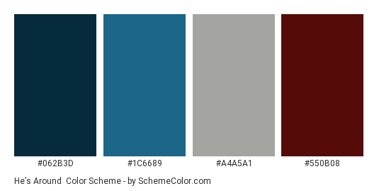 He’s Around - Color scheme palette thumbnail - #062B3D #1C6689 #A4A5A1 #550B08 