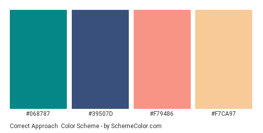 Correct Approach - Color scheme palette thumbnail - #068787 #39507D #F79486 #F7CA97 