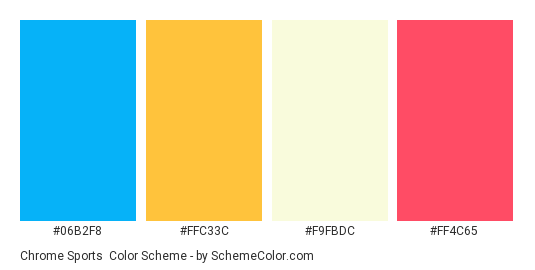 Chrome Sports - Color scheme palette thumbnail - #06B2F8 #FFC33C #F9FBDC #FF4C65 