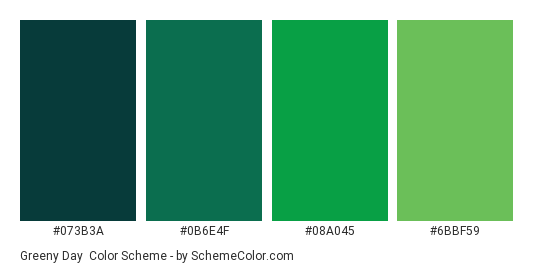 Greeny Day - Color scheme palette thumbnail - #073b3a #0b6e4f #08a045 #6bbf59 