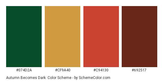 Autumn Becomes Dark - Color scheme palette thumbnail - #074D2A #CF9A40 #C94130 #692517 