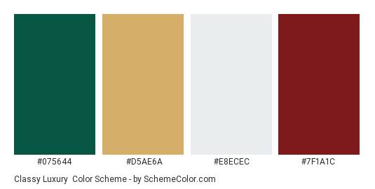 Classy Luxury - Color scheme palette thumbnail - #075644 #D5AE6A #E8ECEC #7F1A1C 