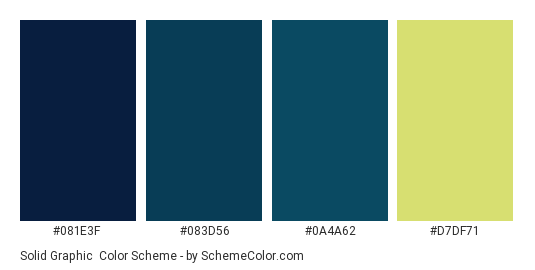 Solid Graphic - Color scheme palette thumbnail - #081e3f #083d56 #0a4a62 #d7df71 