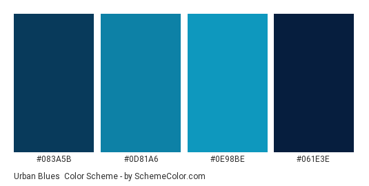 Urban Blues - Color scheme palette thumbnail - #083a5b #0d81a6 #0e98be #061e3e 