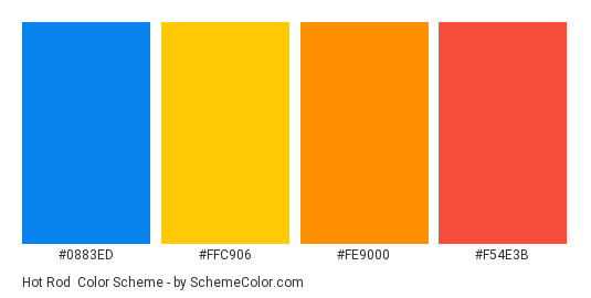 Hot Rod - Color scheme palette thumbnail - #0883ED #FFC906 #FE9000 #F54E3B 