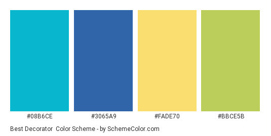 Best Decorator - Color scheme palette thumbnail - #08b6ce #3065a9 #fade70 #bbce5b 
