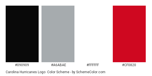 Carolina Hurricanes Logo - Color scheme palette thumbnail - #090909 #a6abae #ffffff #cf0820 