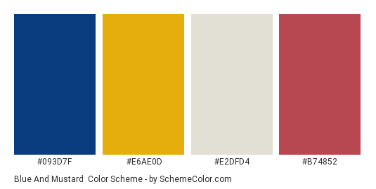 Blue and Mustard - Color scheme palette thumbnail - #093D7F #E6AE0D #E2DFD4 #B74852 
