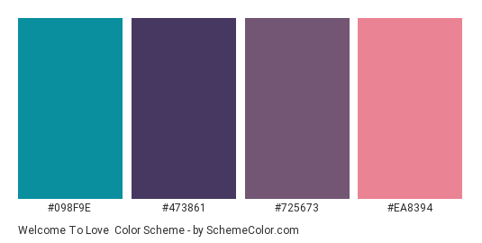 Welcome to Love - Color scheme palette thumbnail - #098F9E #473861 #725673 #EA8394 