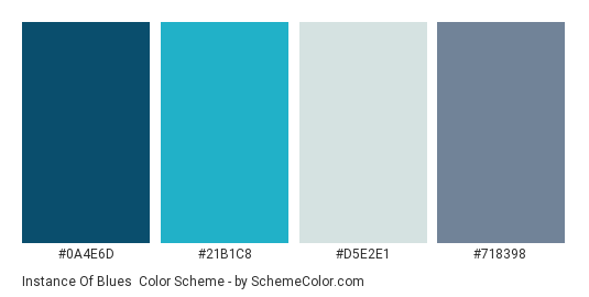Instance of Blues - Color scheme palette thumbnail - #0A4E6D #21B1C8 #D5E2E1 #718398 