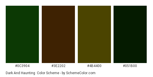 Dark and Haunting - Color scheme palette thumbnail - #0C3904 #3E2202 #4B4400 #051B00 