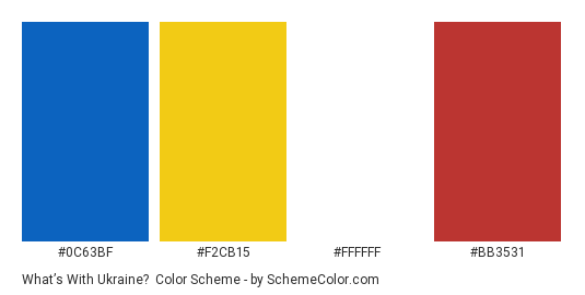What’s With Ukraine? - Color scheme palette thumbnail - #0C63BF #F2CB15 #FFFFFF #BB3531 