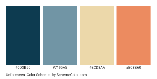 Unforeseen - Color scheme palette thumbnail - #0D3B50 #7195A5 #ECD8AA #EC8B60 