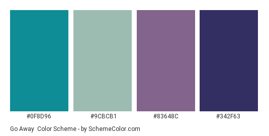 Go Away - Color scheme palette thumbnail - #0F8D96 #9CBCB1 #83648C #342F63 