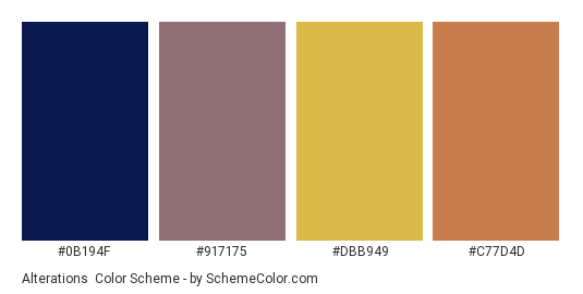Alterations - Color scheme palette thumbnail - #0b194f #917175 #dbb949 #c77d4d 