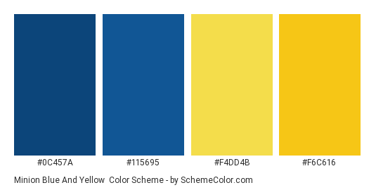 Minion Blue and Yellow - Color scheme palette thumbnail - #0c457a #115695 #f4dd4b #f6c616 