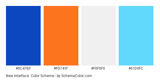 New Interface - Color scheme palette thumbnail - #0c47bf #fd741f #f0f0f0 #61d9fc 