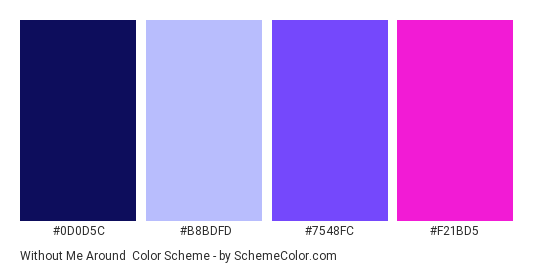 Without Me Around - Color scheme palette thumbnail - #0d0d5c #b8bdfd #7548fc #f21bd5 