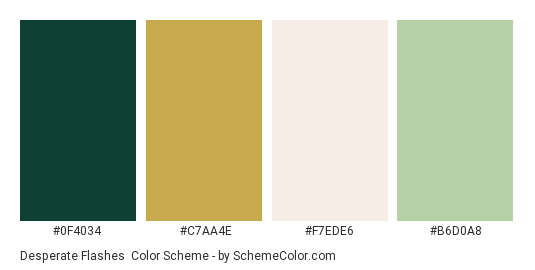 Desperate Flashes - Color scheme palette thumbnail - #0f4034 #c7aa4e #f7ede6 #b6d0a8 