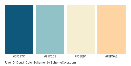 River of Doubt - Color scheme palette thumbnail - #0f587c #91c2c8 #f5eed1 #fed5a2 