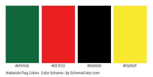 Wakanda Flag Colors - Color scheme palette thumbnail - #0f6938 #ee1f23 #000000 #fae82f 