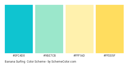 Banana Surfing - Color scheme palette thumbnail - #0fc4d0 #9be7cb #fff1ad #ffdd5f 