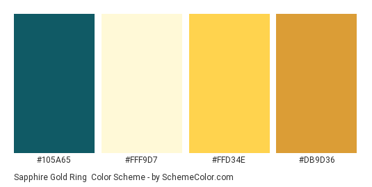 Sapphire Gold Ring - Color scheme palette thumbnail - #105A65 #FFF9D7 #FFD34E #DB9D36 