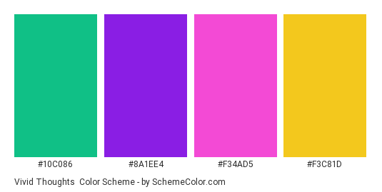 Vivid Thoughts - Color scheme palette thumbnail - #10C086 #8A1EE4 #F34AD5 #F3C81D 