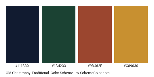 Old Christmasy Traditional - Color scheme palette thumbnail - #111B30 #1B4233 #9B462F #C89030 