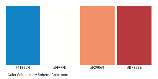 Blue and Red Racer - Color scheme palette thumbnail - #1182c4 #fffffd #f29069 #b7393e 