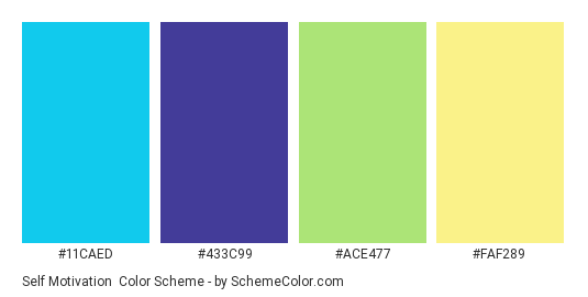 Self Motivation - Color scheme palette thumbnail - #11CAED #433C99 #ACE477 #FAF289 