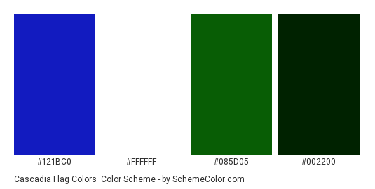 Cascadia Flag Colors - Color scheme palette thumbnail - #121bc0 #ffffff #085d05 #002200 