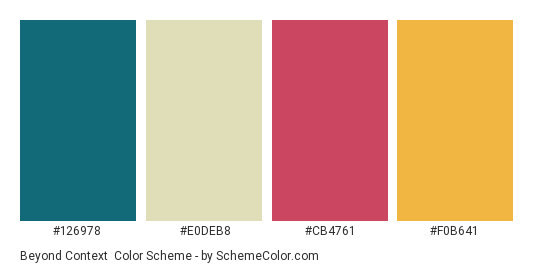 Beyond Context - Color scheme palette thumbnail - #126978 #E0DEB8 #CB4761 #F0B641 
