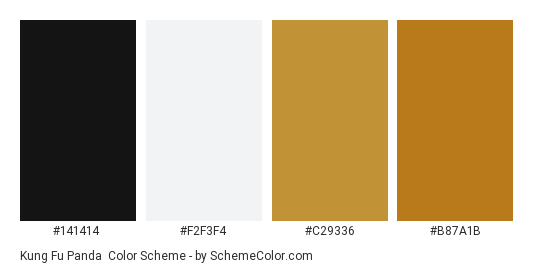 Kung Fu Panda - Color scheme palette thumbnail - #141414 #F2F3F4 #C29336 #B87A1B 